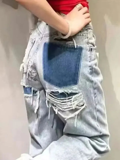 Jeans For Women 2024 Denim Solid Loose Zipper Fly Female Hole Trouser Pockets Wild Basic Commute Woman Wide Leg Long Pant