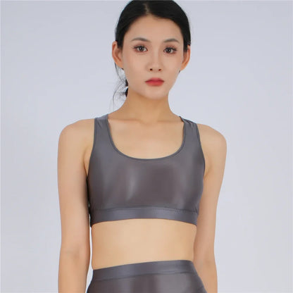 Women's Yoga Fitness Tops Sexy Candy Color UltraShort Crop Fashion Vest V Neck Oil Glossy Silky Smooth Elastic Tight Tanks Tees