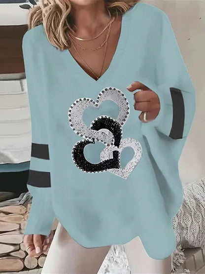 Women's white Blouse  Tops Spring fall Fashion Love Print Long Sleeve Loose V Neck Pullover Irregular Hem Casual T Shirt women