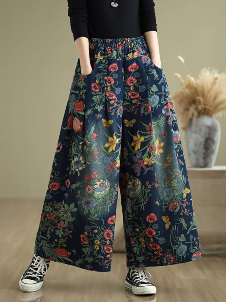 Jeans Flower Floral Print Autumn Wide Leg Pant Women Loose Pleated Fashion Ladies Oversized Trousers Elastic Waist Woman Pants