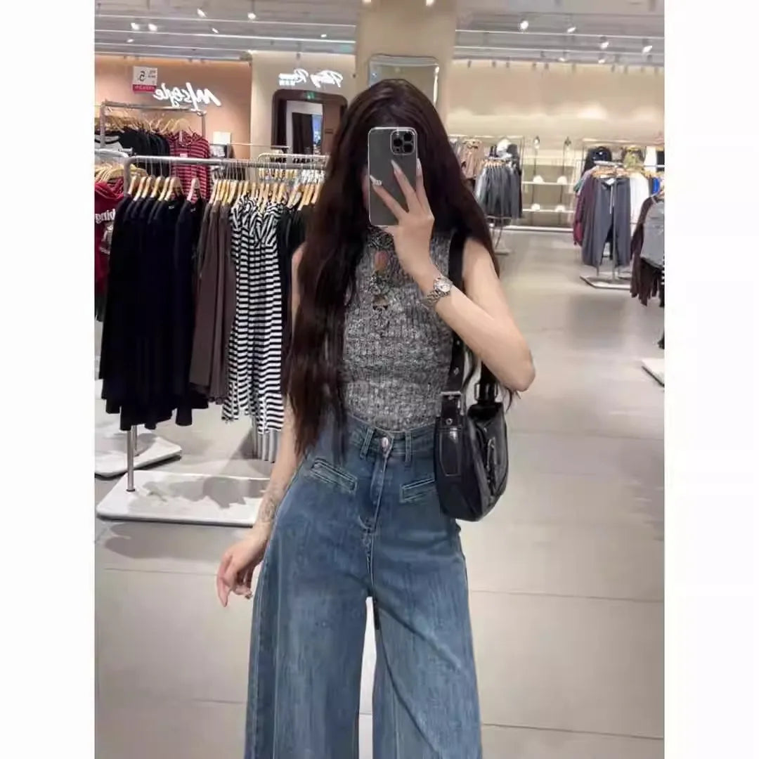 Blue Wide-leg Jeans for Women in Spring and Summer 2025 New High Waist Droop Loose Retro Big Horn Floor Trousers