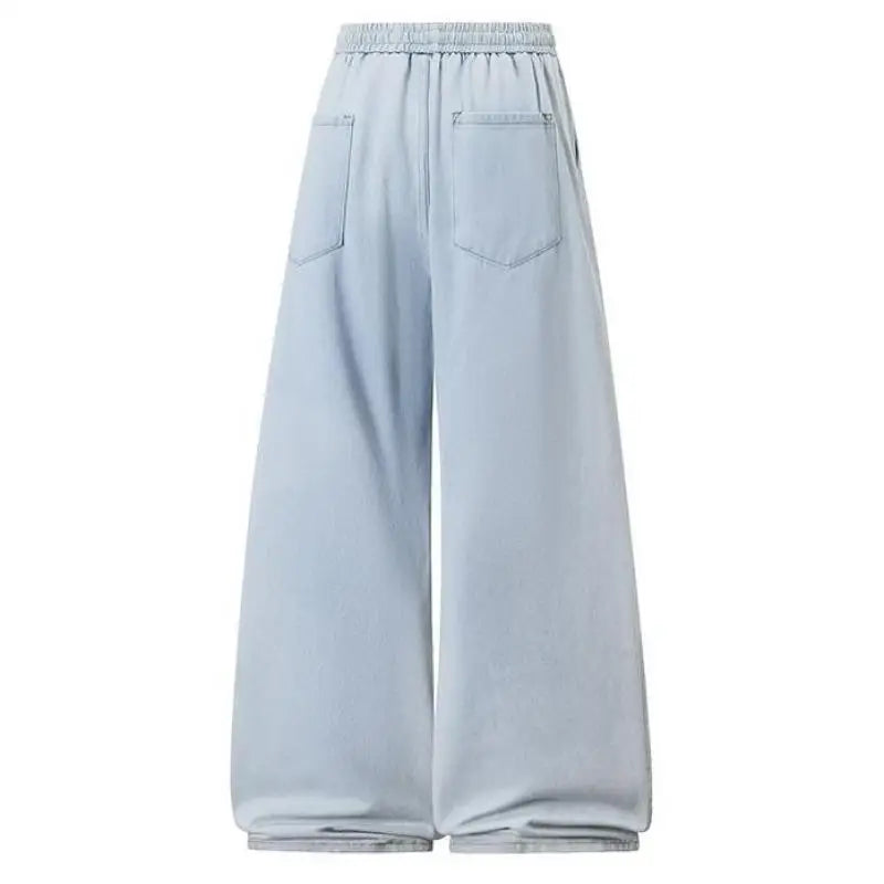 2025 New Elastic Waist Drawstring Solid Color Loose Fit Wide Leg Jeans Wide Leg Trendy High Waist Denim Pants for Men Women 3XL