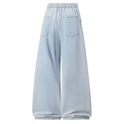 2025 New Elastic Waist Drawstring Solid Color Loose Fit Wide Leg Jeans Wide Leg Trendy High Waist Denim Pants for Men Women 3XL