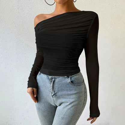 Autumn Winter Top Women 2025 Fall Fashion Off The Shoulder Long Sleeve Shirts Crop Tops Slim Fit Blouses Y2K Clothing Streetwear