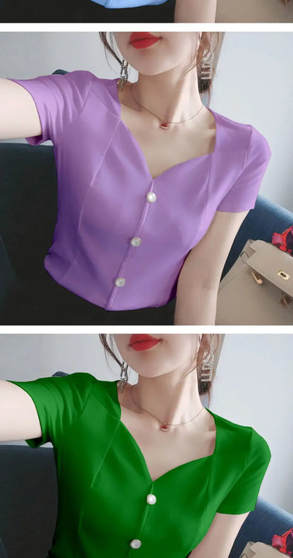 Womens Tops And Blouses Summer Short Sleeve Blouse Women Blusas Mujer De Moda 2022 Turtleneck Knitted Blouse Shirt Tops