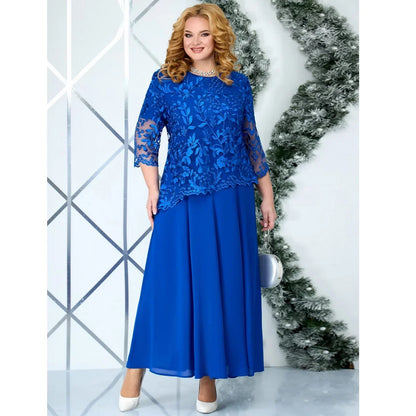 5XL Plus Size Long Dresses Women Clothing Summer Embroidery Fake Two Piece Elegant Party Dress for Wedding Guest Church Dress