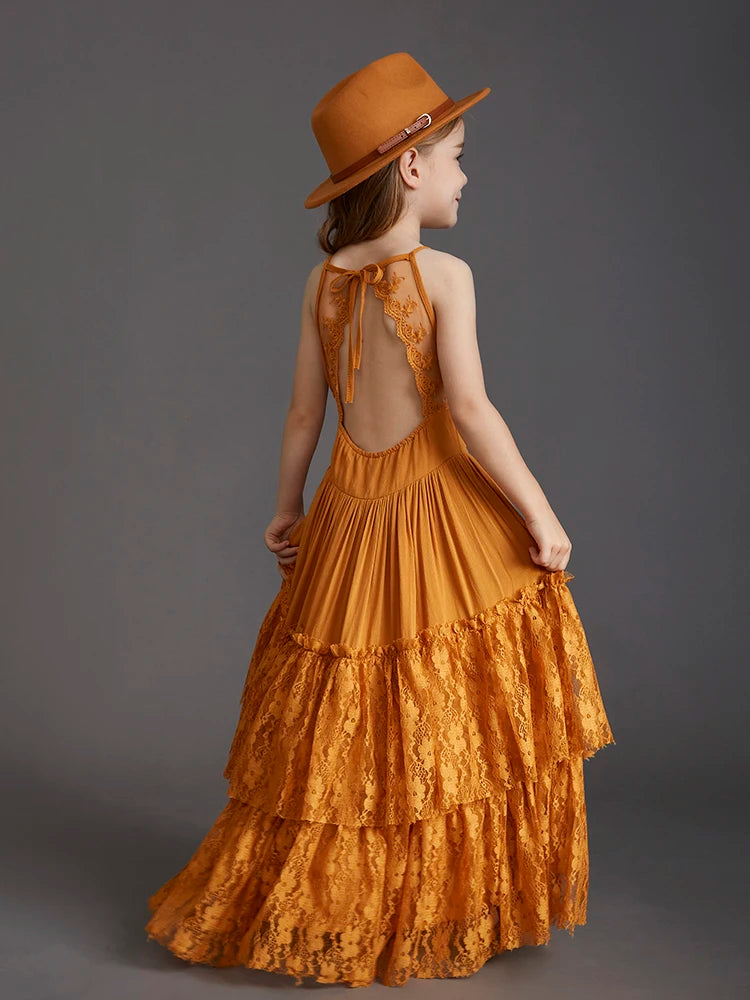 Plus Size Princess Girls Lace Long Dresses Baby Kids Flower Wedding Christmas Party Vestidos Children Clothing For 3-15 Years