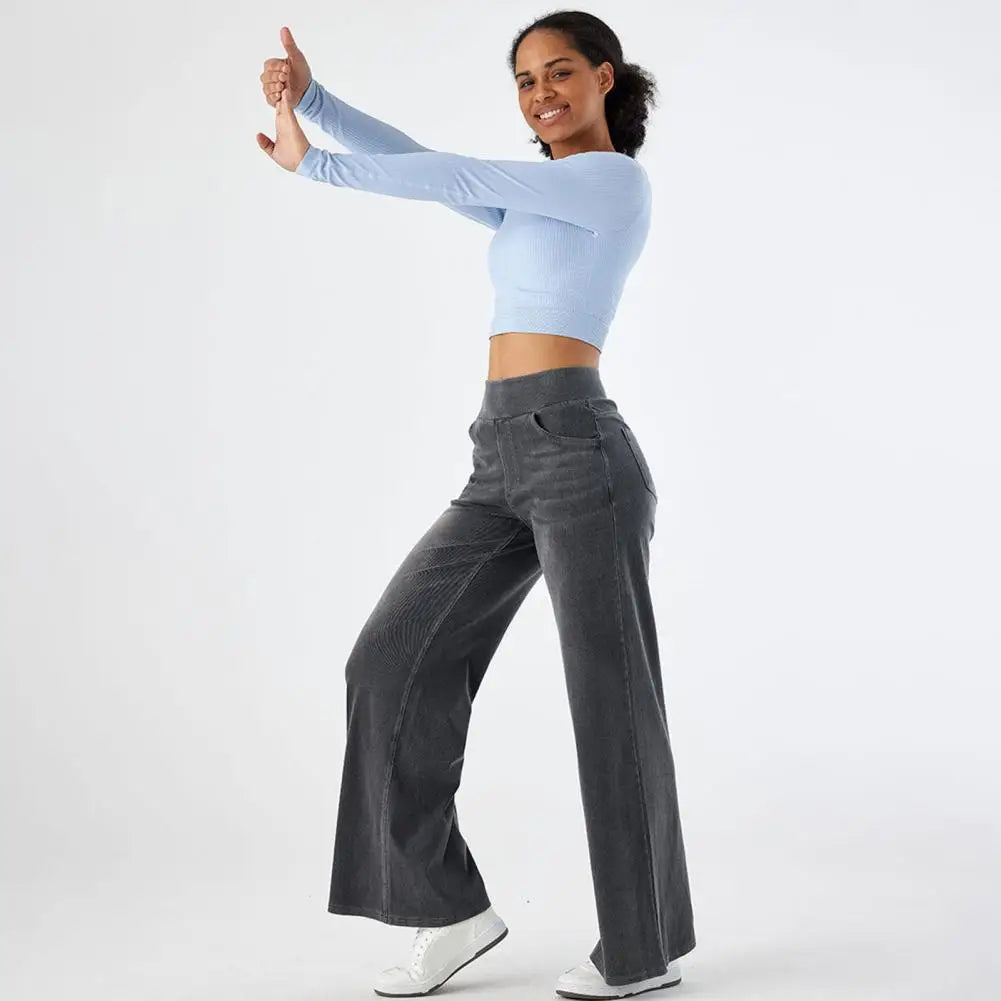 Women Jeans With Pockets Elastic High Waist Solid Color Full Length Pants Straight Wide Leg Trousers Sweatpant Daily Commuting