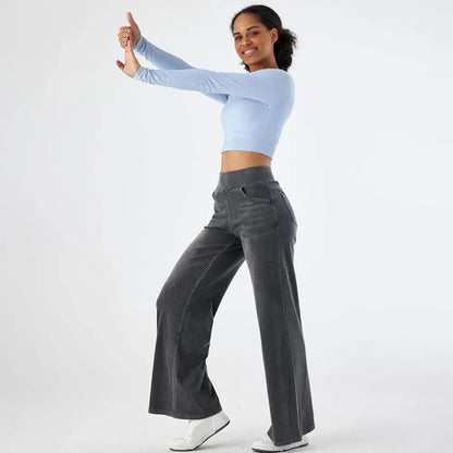 Women Jeans With Pockets Elastic High Waist Solid Color Full Length Pants Straight Wide Leg Trousers Sweatpant Daily Commuting