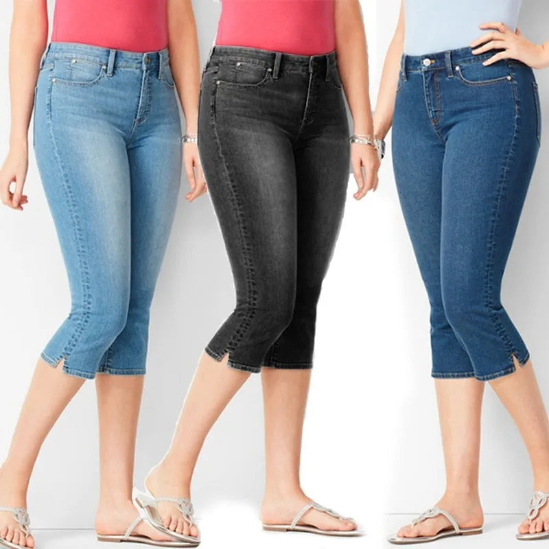 Summer Woman's Jeans Cropped Jeans Ladies Cropped Trousers Skinny Knee Length Jeans Women Elastic High Waist Mom Jeans Oversize