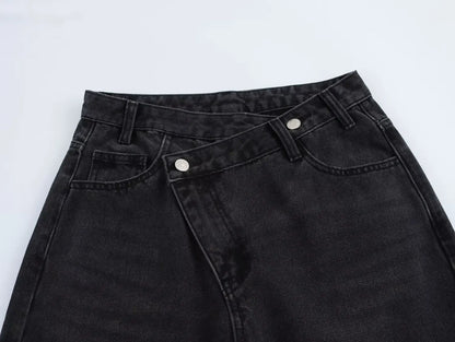 2025 Fashion Women Slanted Placket Blue Jeans Female Wide Leg Pants Long Pants High Street Ripped Jeans Versatile Retro