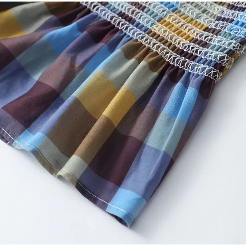 Women's Tops Vintage Plaids Elastic Pleated T Shirt Casual O Neck Long Sleeves Ruffles Hem Top Spring Chic Lady High Street Wear