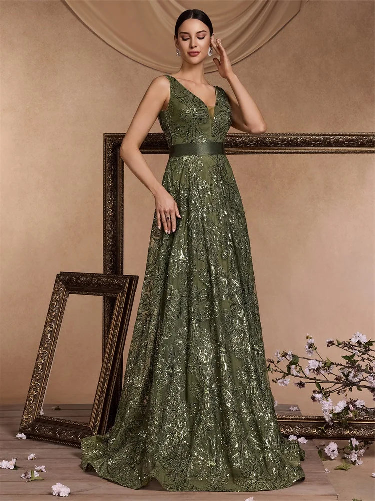 Luxury Sexy Deep V-Neck Sequins Blue Evening Dresses Women Elegant V-back Wedding Party Long Prom Cocktail Dress