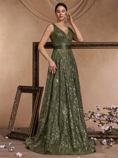 Luxury Sexy Deep V-Neck Sequins Blue Evening Dresses Women Elegant V-back Wedding Party Long Prom Cocktail Dress