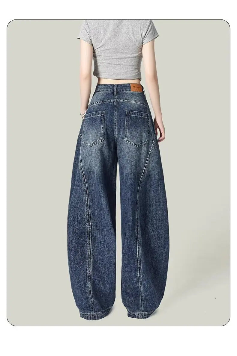 Washed blue textured high waisted retro casual jeans suitable for women in spring and autumn new Harajuku loose wide leg pants