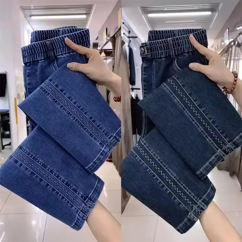 Fashion Women Jeans 2025 New Spring Autumn Korean Wild Elastic Waist Straight Denim Pants Female Trousers Female