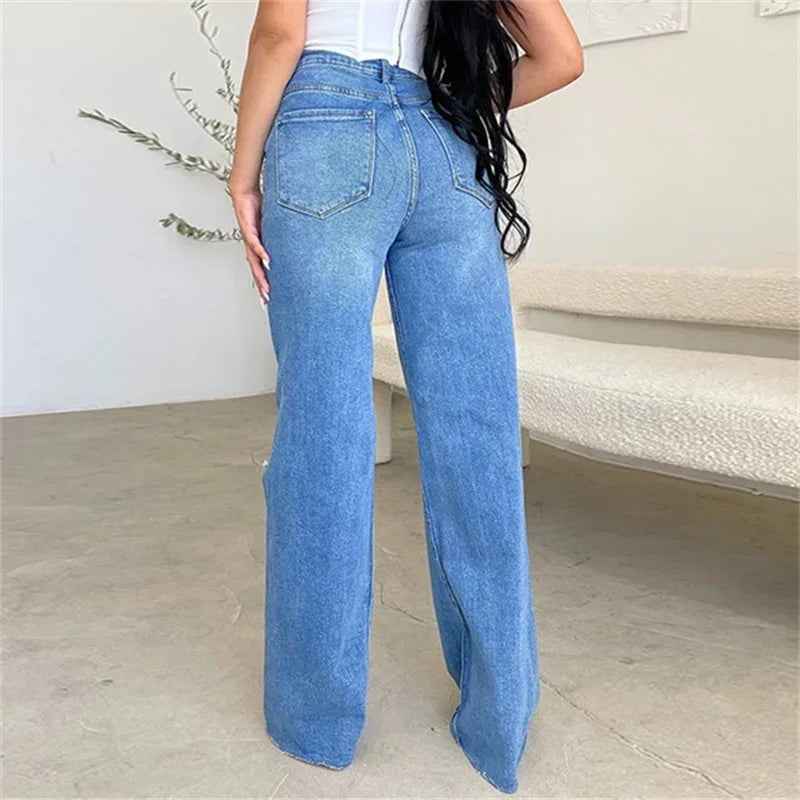 Women Knee Broken Holes Trend Straight Jeans Fashion Comfortable Casual High Waist Denim Pants Female Loose Wide Leg Trousers 24