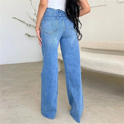 Women Knee Broken Holes Trend Straight Jeans Fashion Comfortable Casual High Waist Denim Pants Female Loose Wide Leg Trousers 24