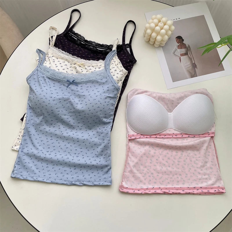 Women Floral Bow Knot Tops Summer Casual Sleeveless Ice Silk Bra Tops With Pad Sweet Lace Vest With Chest Cushion T Shirts 2024