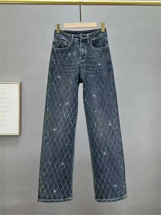 Fashion Women's Jeans High Waist One Side Plaid Shape Diamonds Wide Leg Denim Pants 2025 New Classic Straight Trousers