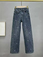 Fashion Women's Jeans High Waist One Side Plaid Shape Diamonds Wide Leg Denim Pants 2025 New Classic Straight Trousers
