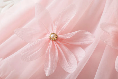 Toddler Girl Princess Dress Pink Flower Decorated Sleeveless Gauze Dress Elegant Girl Wedding Party Dress for Party