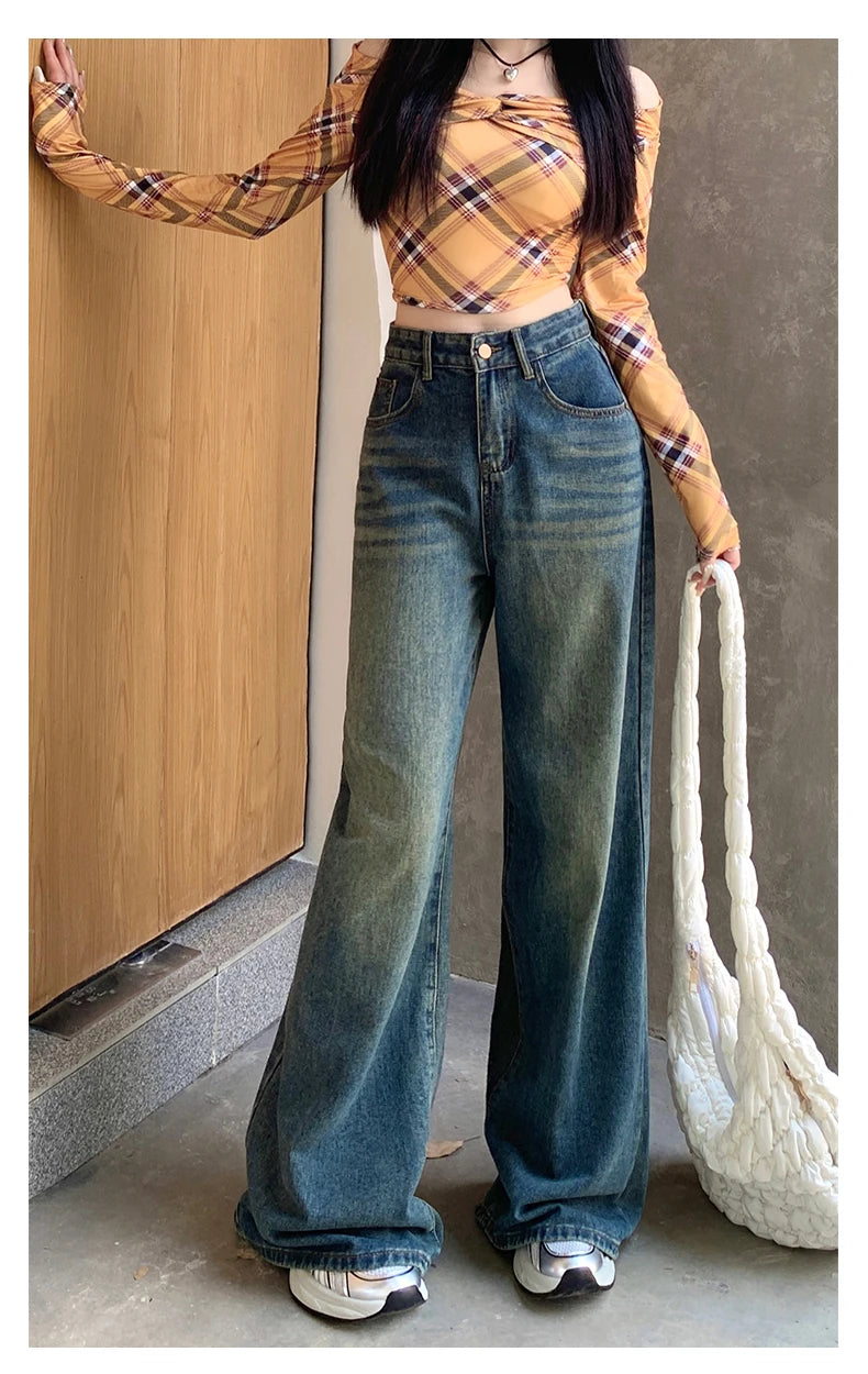 Women's Jeans Denim Pants 2025 Euramerican High Waist Girl Style Jean Trousers Colorful Straight Leg Wide Leg Pants