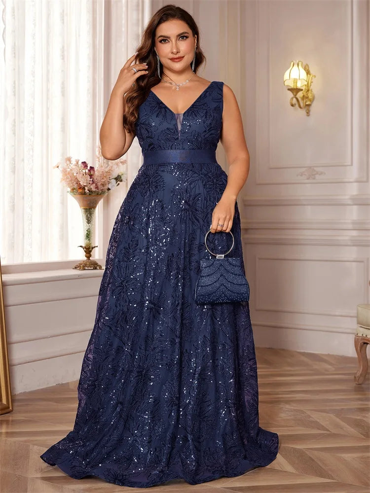 Plus Size Luxury Deep V-Neck Sequins Blue Evening Dress Women Elegant V-back Wedding Party Long Prom Cocktail Dresses