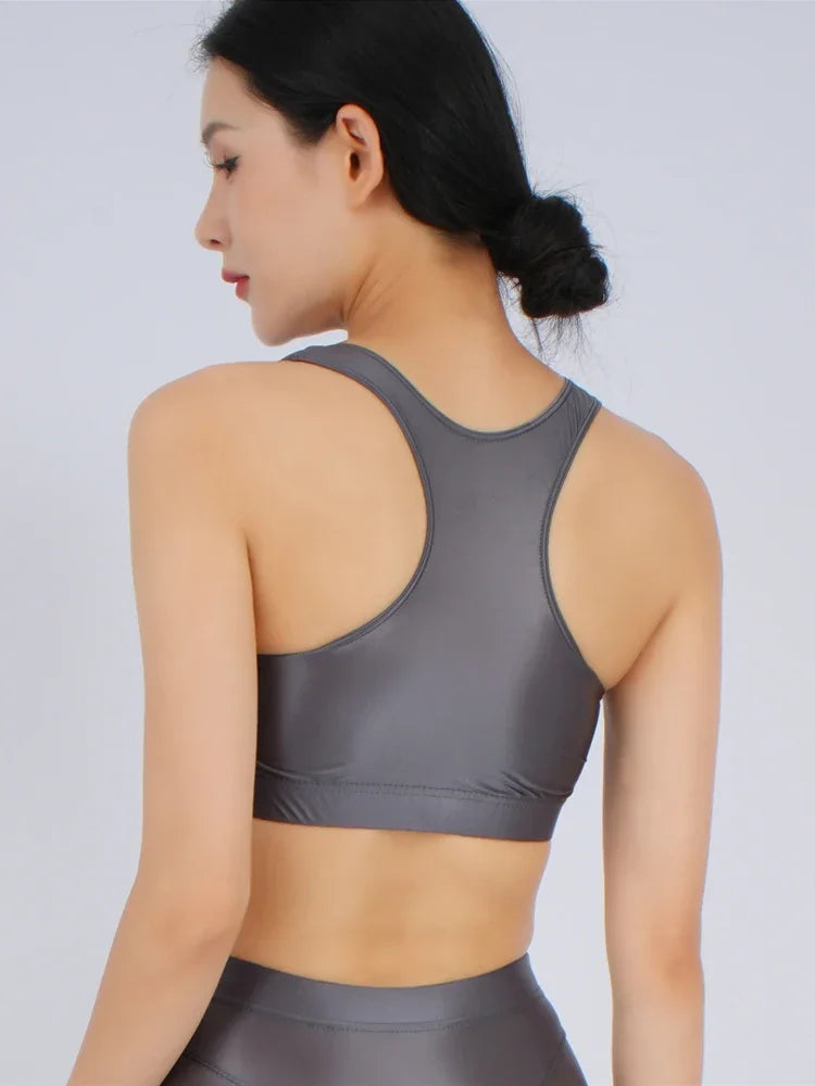 Women's Yoga Fitness Tops Sexy Candy Color UltraShort Crop Fashion Vest V Neck Oil Glossy Silky Smooth Elastic Tight Tanks Tees