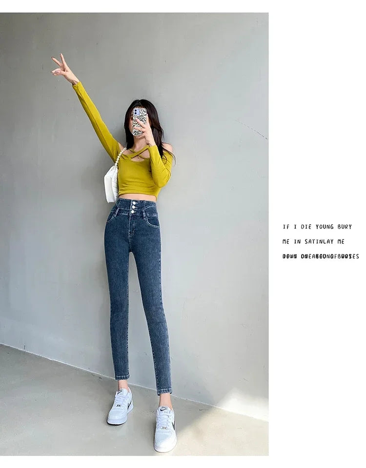 New Women's High Waist Stretch Jeans Blue Black Gray Fashionable and Versatile Multi-button Popular Slim Denim Long Pants Female