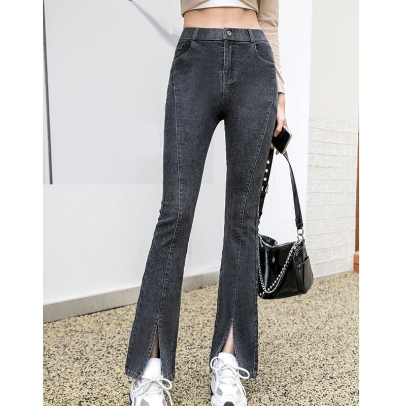 Women Fashion Split Micro Flared Jeans Korean Skinny High Waist Slim Denim Pants Simple Versatile Solid Stretchy Jean Trousers