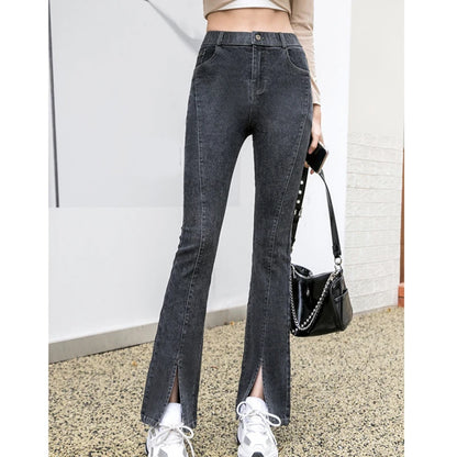 Women Fashion Split Micro Flared Jeans Korean Skinny High Waist Slim Denim Pants Simple Versatile Solid Stretchy Jean Trousers