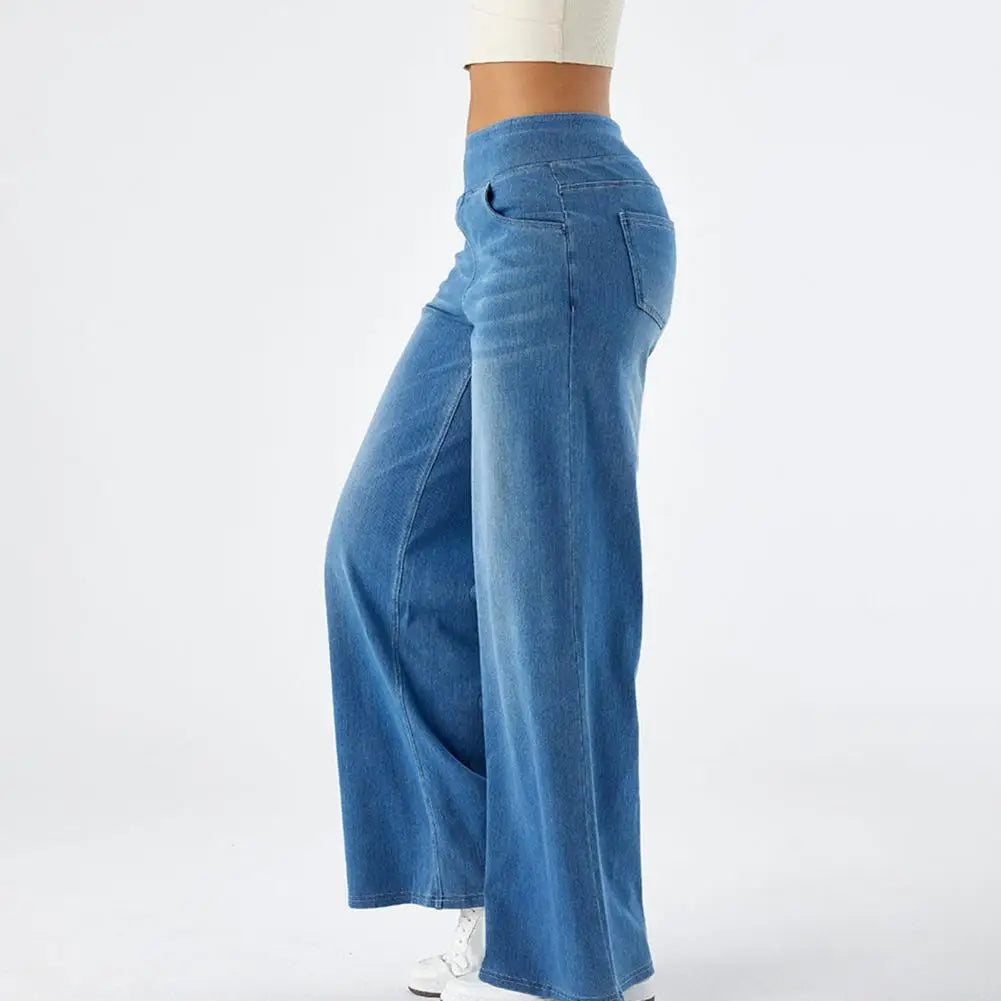 Women Jeans With Pockets Elastic High Waist Solid Color Full Length Pants Straight Wide Leg Trousers Sweatpant Daily Commuting