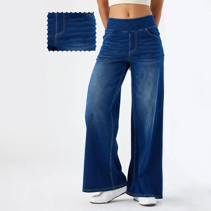 Women Jeans With Pockets Elastic High Waist Solid Color Full Length Pants Straight Wide Leg Trousers Sweatpant Daily Commuting