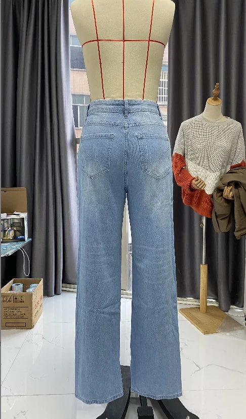 Women's casual trousers 2024 Spring/Summer Latest Button Fly Ripped Button Pocket Low Waist Straight Daily Versatile Denim Jeans