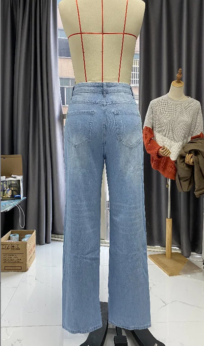 Women's casual trousers 2024 Spring/Summer Latest Button Fly Ripped Button Pocket Low Waist Straight Daily Versatile Denim Jeans