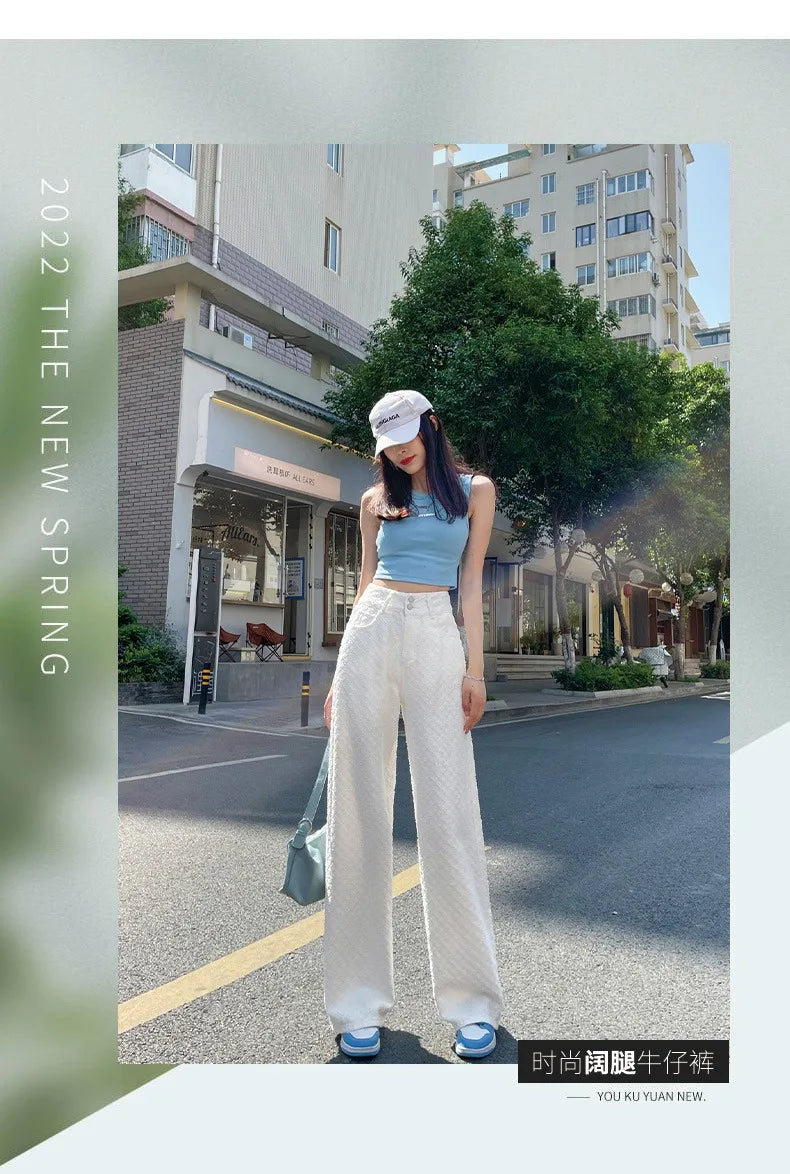 Ripped Jeans for Women Casual Streetwear New Spring Autumn High Waist Straight Leg Pants Fashion White Blue Denim Trousers