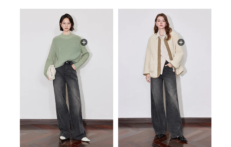 TOYOUTH Women Denim Jeans 2024 Autumn Winter New Mide Waist Straight Wide Leg Long Pants