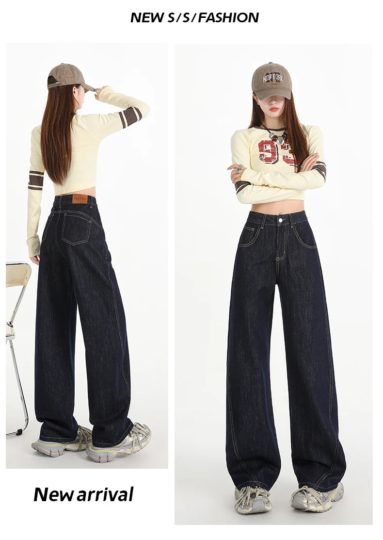 Woman Jeans High Waist Wide Leg Cotton Denim Clothing Design Sense Straight Pant Fashion Comfort White Retro Blue Casual Trouser