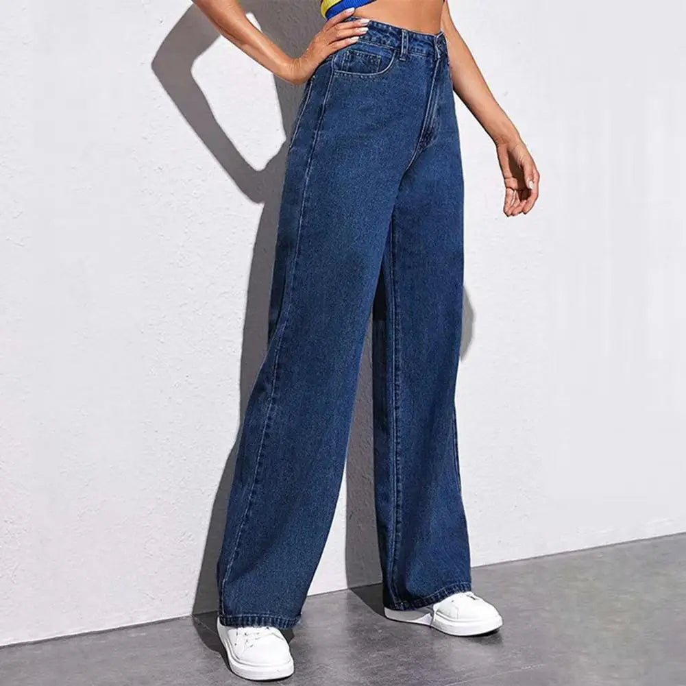 Women Jeans with Pockets High Waist Button Zipper Closure Straight Pants Vintage Denim Trousers for Daily Wear Scool Commuting