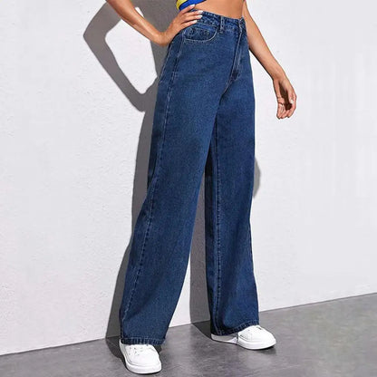 Women Jeans with Pockets High Waist Button Zipper Closure Straight Pants Vintage Denim Trousers for Daily Wear Scool Commuting
