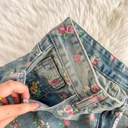 Women's Fashion Floral Print Denim Pants Colorful Flower Wide Leg Trousers Female Spring Autumn Versatile High Waist Blue Jeans