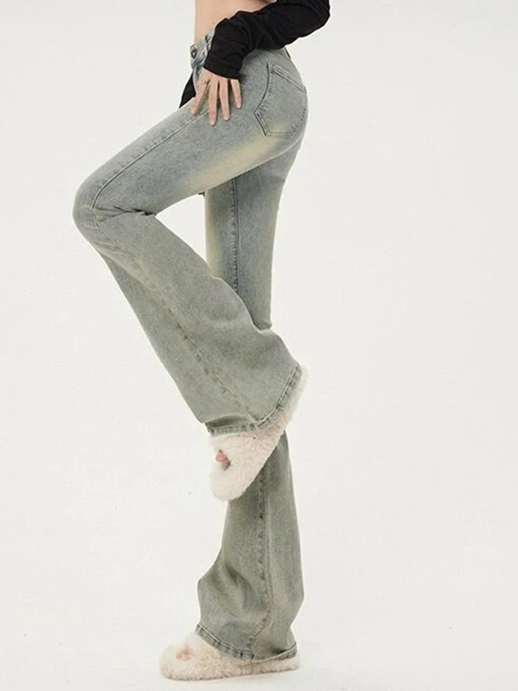 Ins Women Korean High Waist Flared Jeans Female High Street Boot Cut Pants Lady Y2k 2000s Yellow Denim Bell Bottom Trousers