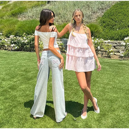 Blue Jeans for Women Pink Bow Embroidery Jeans Y2K Straight High Waist Vintage Casual Trousers Female Wide Leg Designer Pants