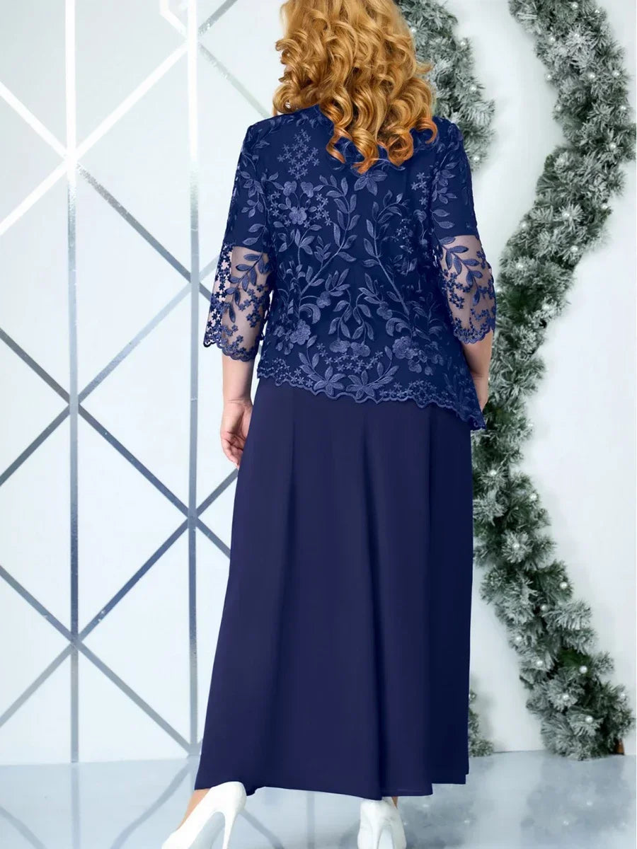 5XL Plus Size Long Dresses Women Clothing Summer Embroidery Fake Two Piece Elegant Party Dress for Wedding Guest Church Dress