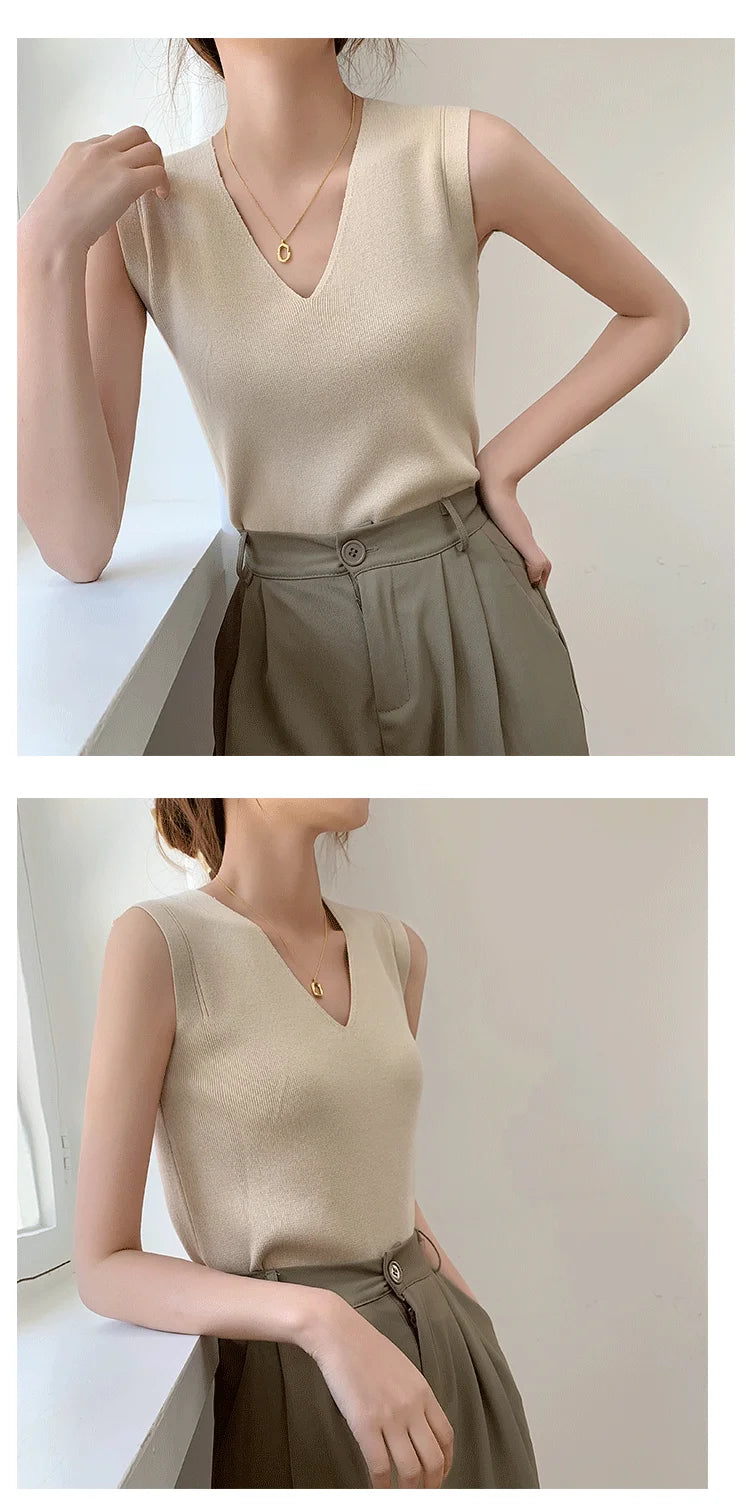 AOSSVIAO 2025 Summer Women Knitted Tank Tops Women Thin Tops Basic Casual Tank Tops V-neck Tees Sleeveless Tops For Women