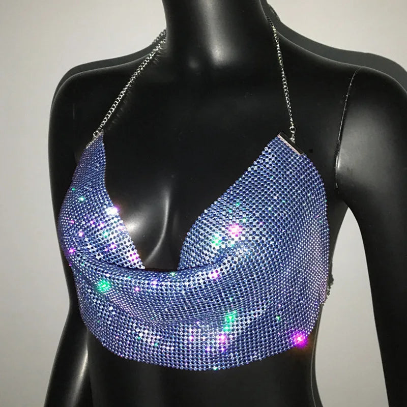 Shiny Rhinestone Tank Tops For Women Sexy Deep V Neck Backless Crop Tops For Women Rave Party Nightclub Camisole Y2K New