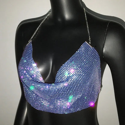 Shiny Rhinestone Tank Tops For Women Sexy Deep V Neck Backless Crop Tops For Women Rave Party Nightclub Camisole Y2K New