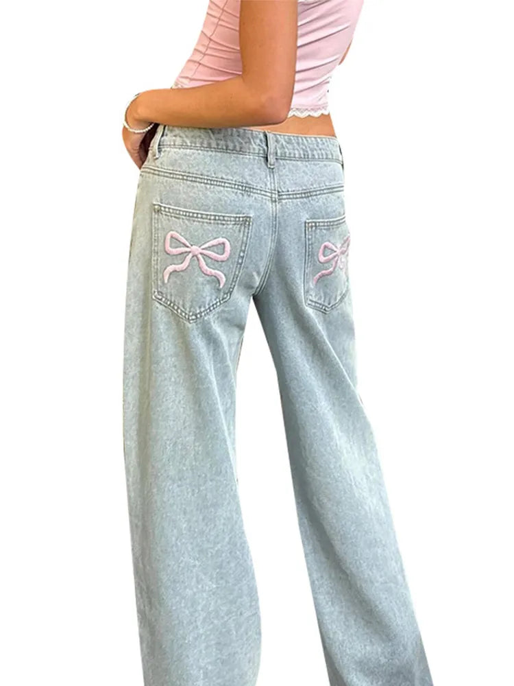 Blue Jeans for Women Pink Bow Embroidery Jeans Y2K Straight High Waist Vintage Casual Trousers Female Wide Leg Designer Pants