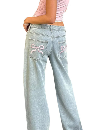 Blue Jeans for Women Pink Bow Embroidery Jeans Y2K Straight High Waist Vintage Casual Trousers Female Wide Leg Designer Pants